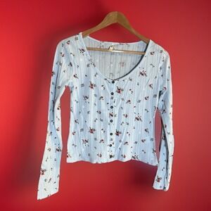 Mudd Size S Wms Thermal Top Pale Blue Floral Long Sleeve Buttons Scoop V Neck